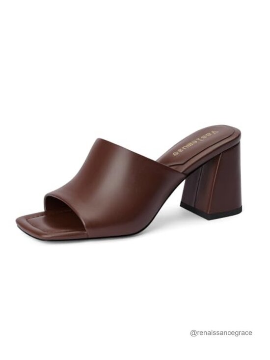 Shoes - Vaslemuse Mule Heels for Women Chunky Block Heeled Sandals Slides Faux Leather